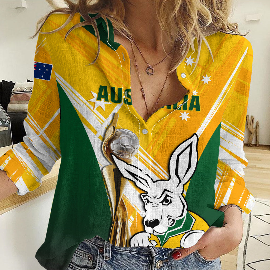 Custom Australia Soccer Women Casual Shirt Matildas Kangaroo With World Cup Trophy 2023 Yellow Version - Vibe Hoodie Shop