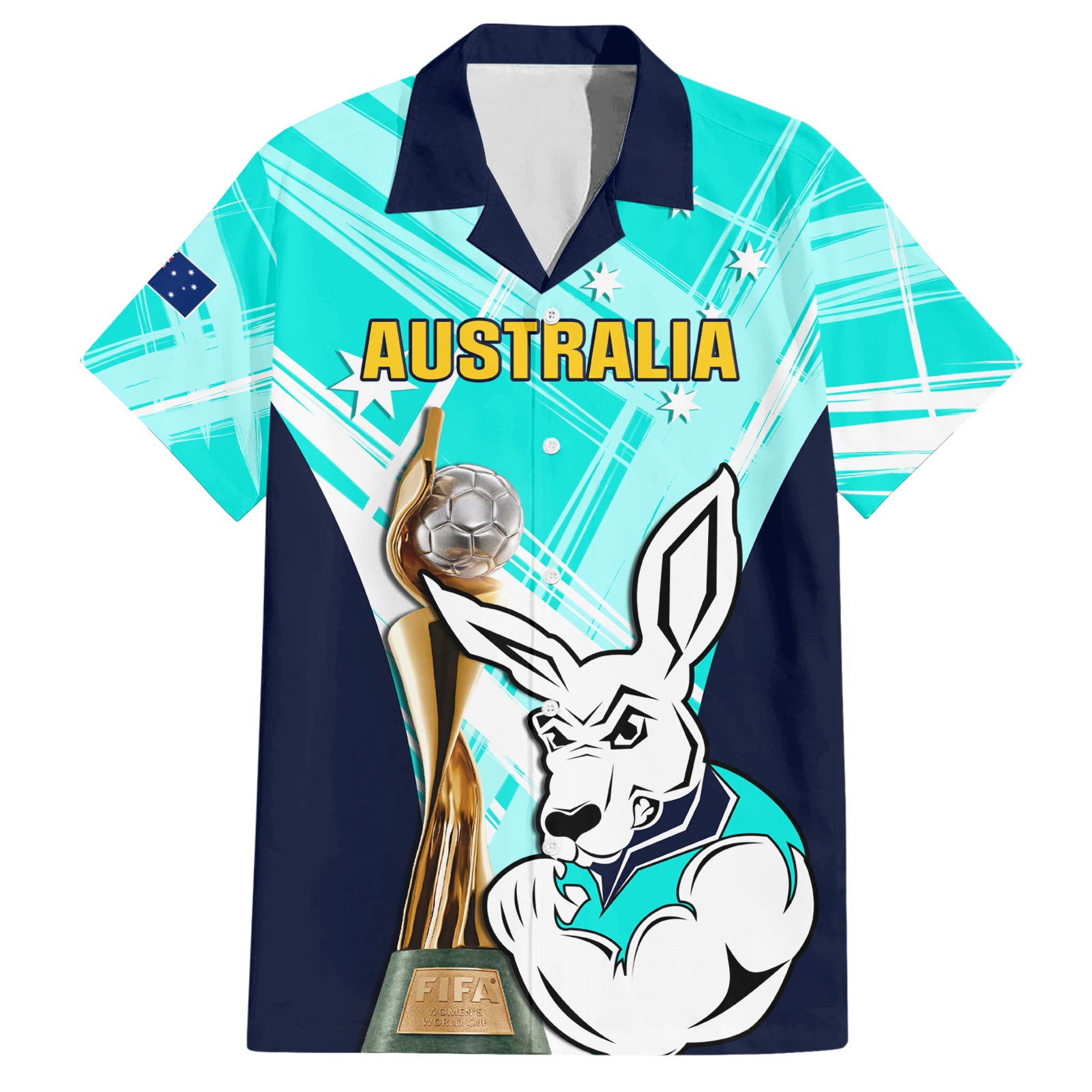 Custom Australia Soccer Hawaiian Shirt Matildas Kangaroo With World Cup Trophy 2023 Turquoise Version - Vibe Hoodie Shop