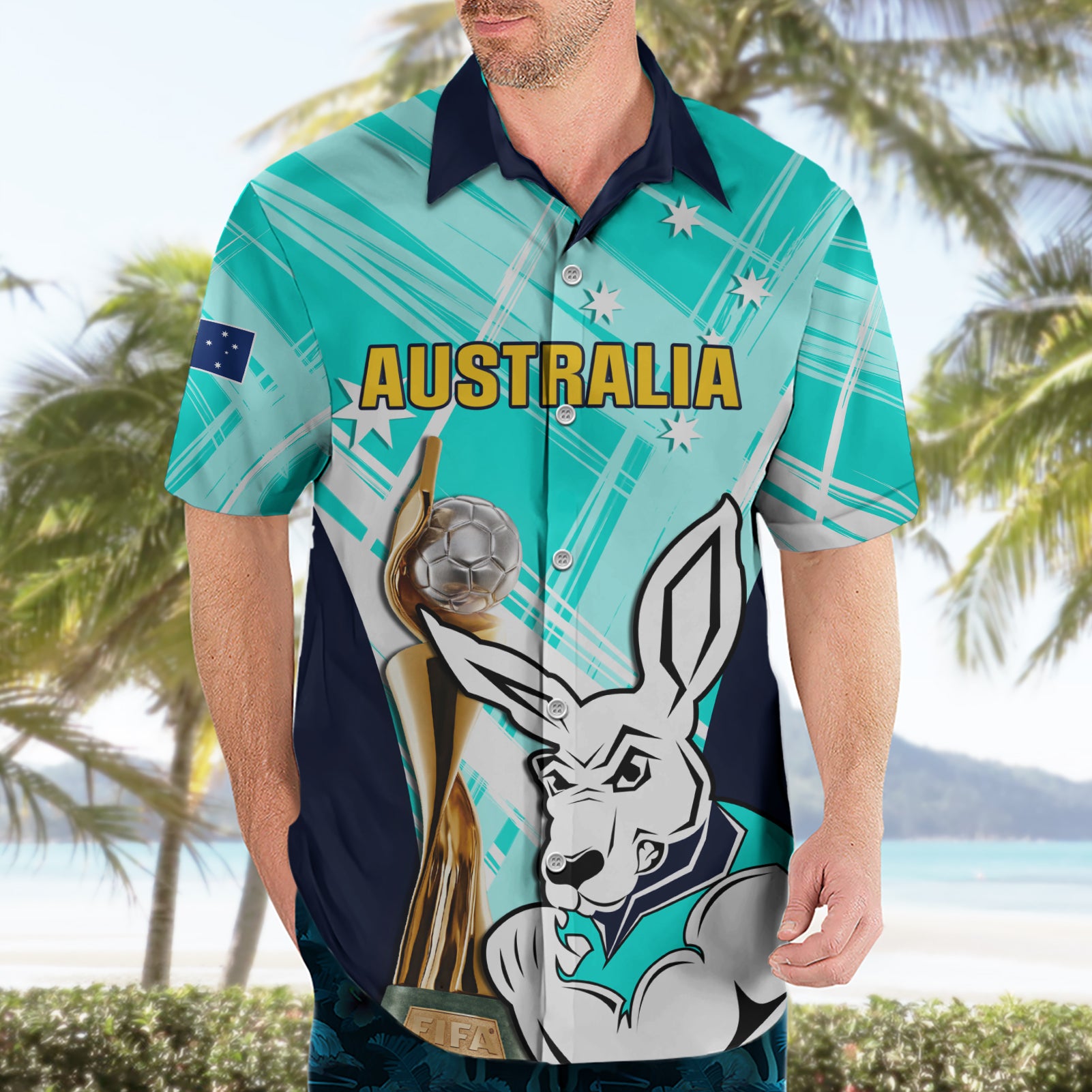 Custom Australia Soccer Hawaiian Shirt Matildas Kangaroo With World Cup Trophy 2023 Turquoise Version - Vibe Hoodie Shop