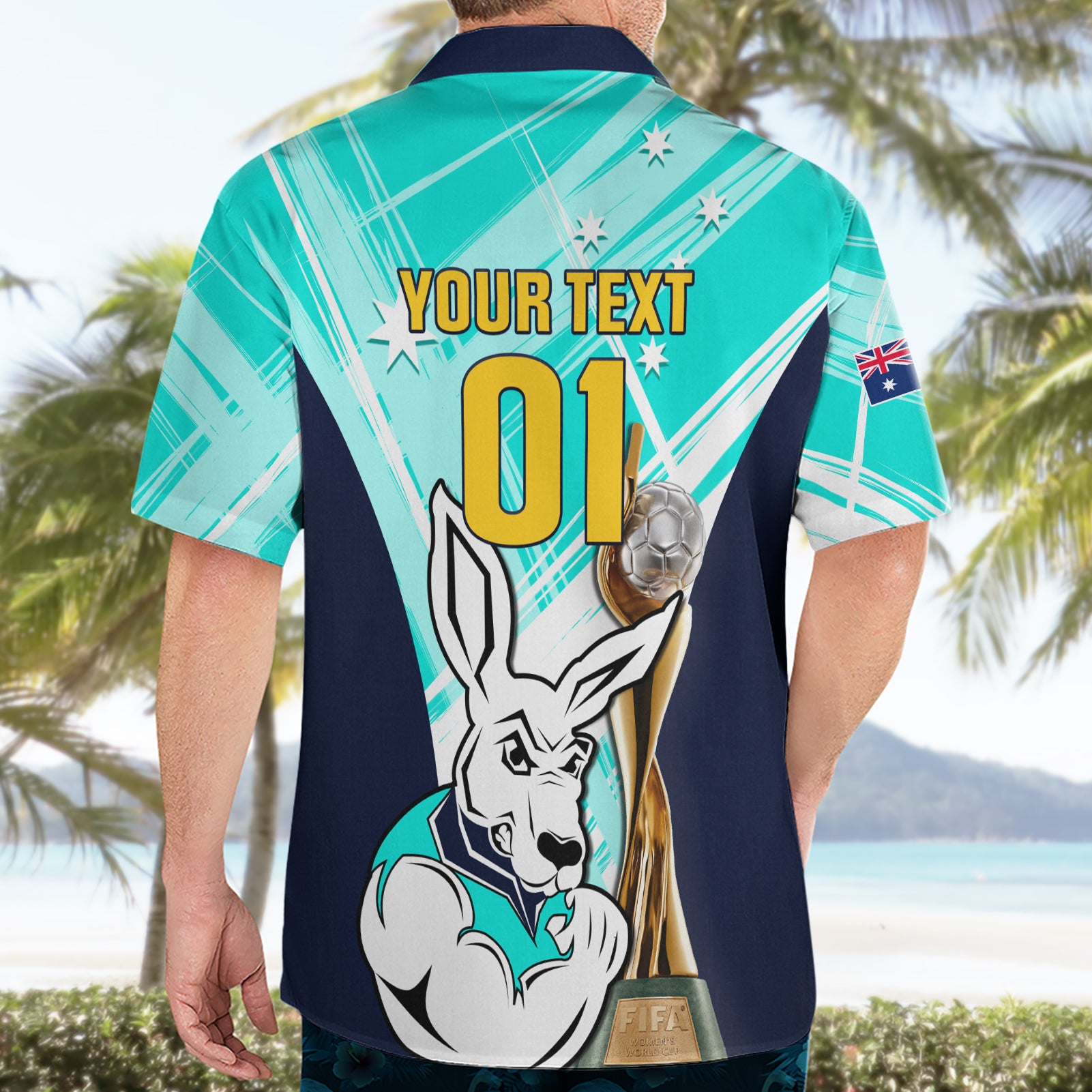 Custom Australia Soccer Hawaiian Shirt Matildas Kangaroo With World Cup Trophy 2023 Turquoise Version - Vibe Hoodie Shop