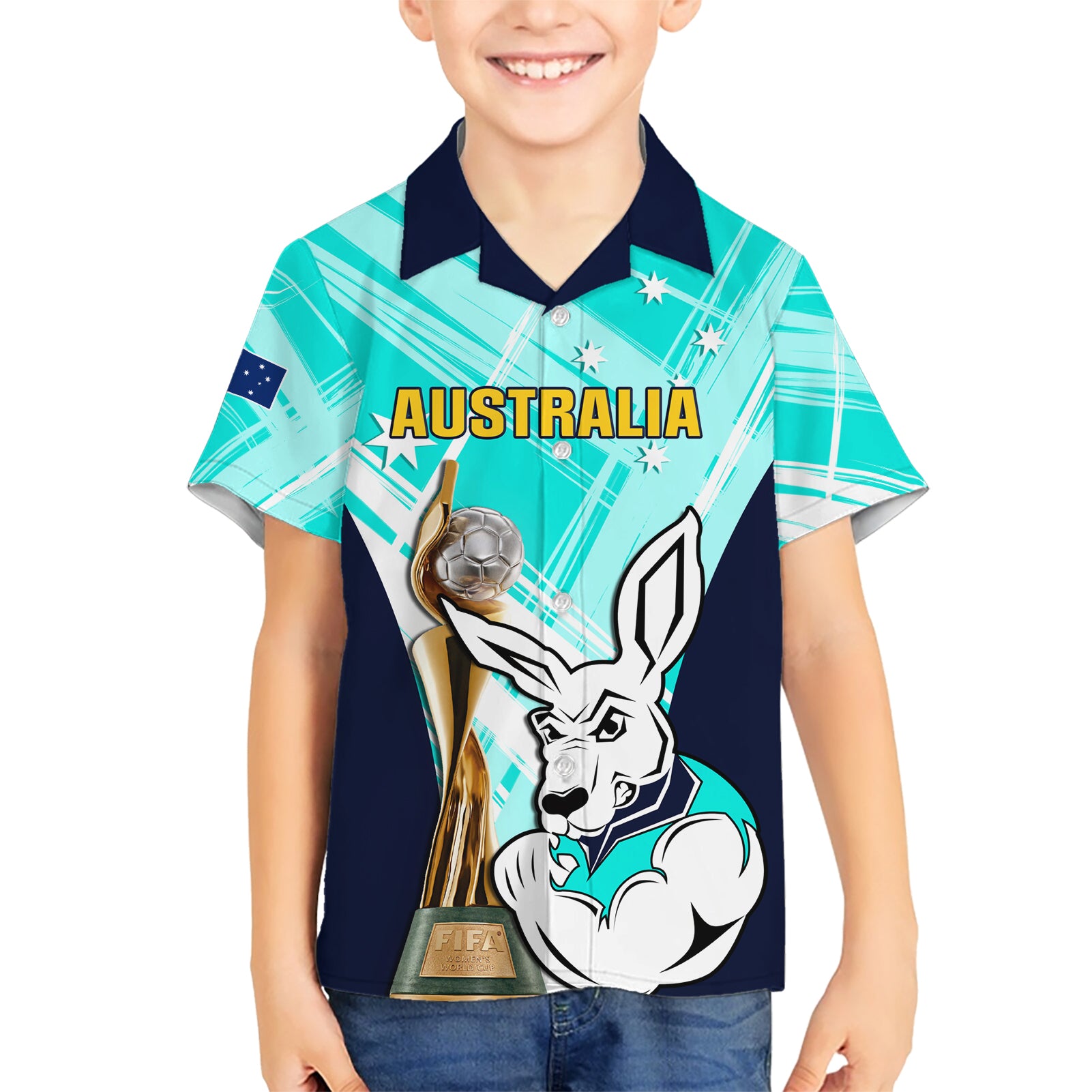 Custom Australia Soccer Hawaiian Shirt Matildas Kangaroo With World Cup Trophy 2023 Turquoise Version - Vibe Hoodie Shop