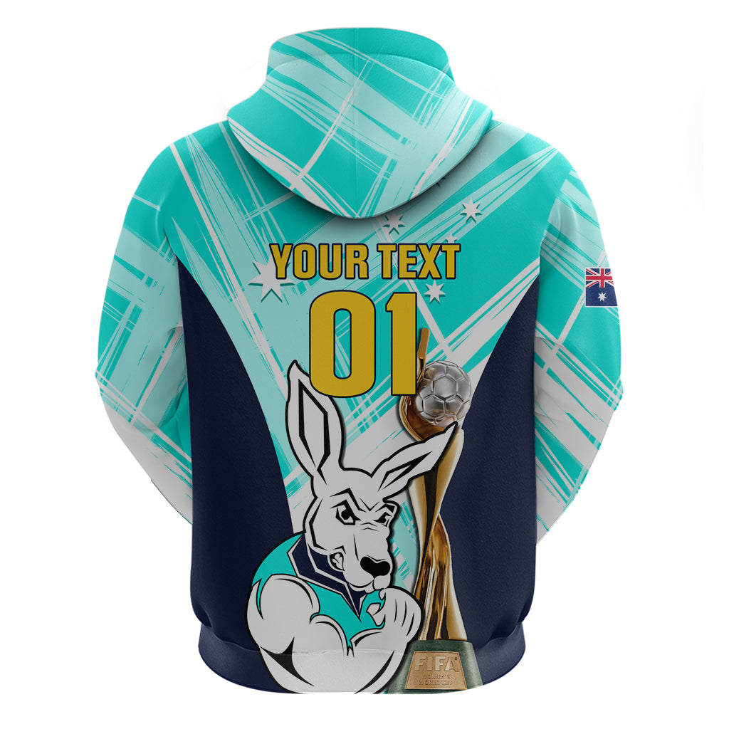 Custom Australia Soccer Hoodie Matildas Kangaroo With World Cup Trophy 2023 Turquoise Version - Vibe Hoodie Shop