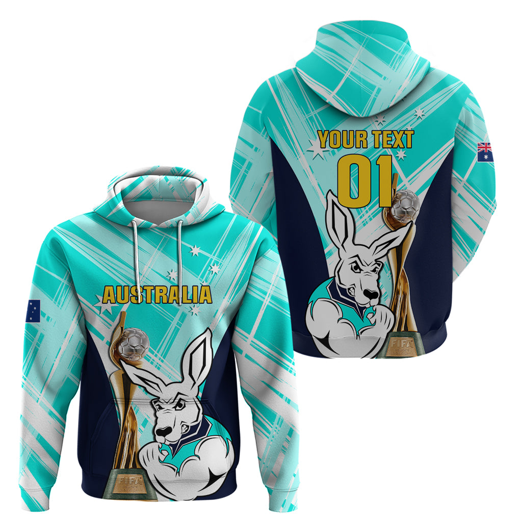Custom Australia Soccer Hoodie Matildas Kangaroo With World Cup Trophy 2023 Turquoise Version - Vibe Hoodie Shop