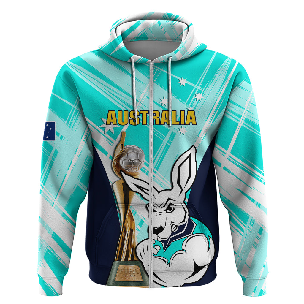 Custom Australia Soccer Hoodie Matildas Kangaroo With World Cup Trophy 2023 Turquoise Version - Vibe Hoodie Shop