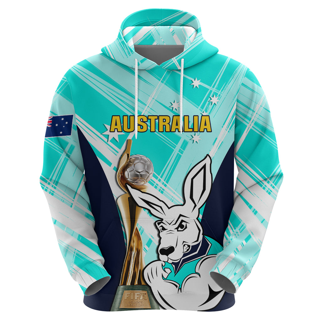 Custom Australia Soccer Hoodie Matildas Kangaroo With World Cup Trophy 2023 Turquoise Version - Vibe Hoodie Shop
