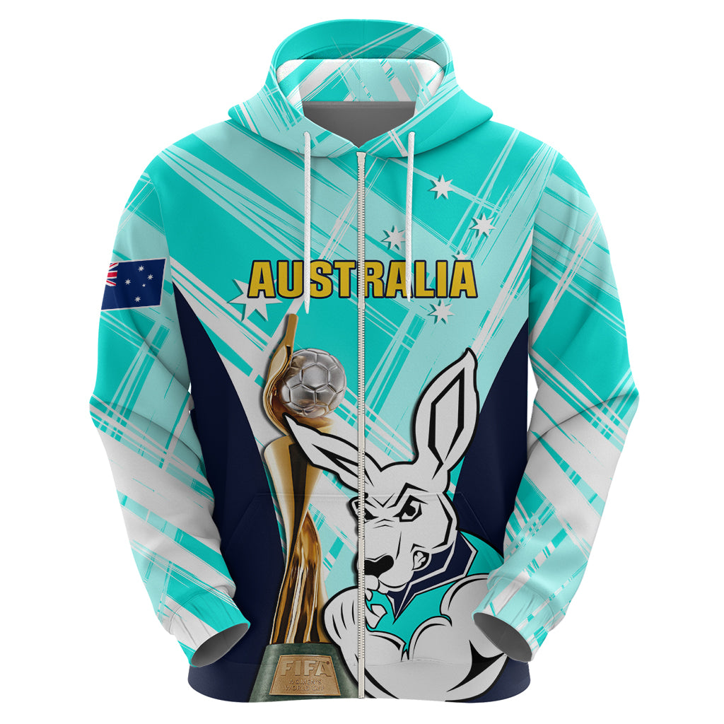 Custom Australia Soccer Hoodie Matildas Kangaroo With World Cup Trophy 2023 Turquoise Version - Vibe Hoodie Shop