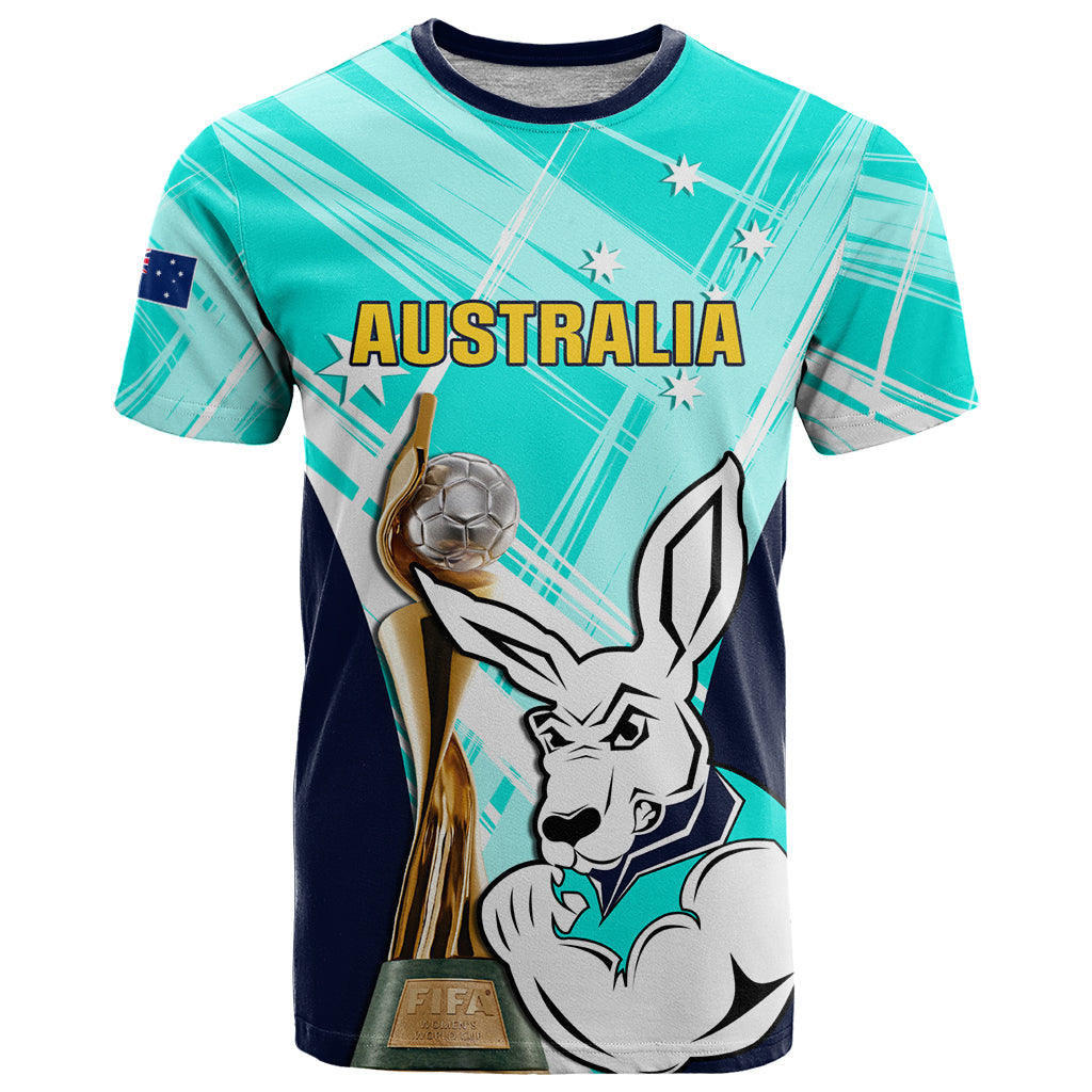 Custom Australia Soccer T Shirt Matildas Kangaroo With World Cup Trophy 2023 Turquoise Version - Vibe Hoodie Shop
