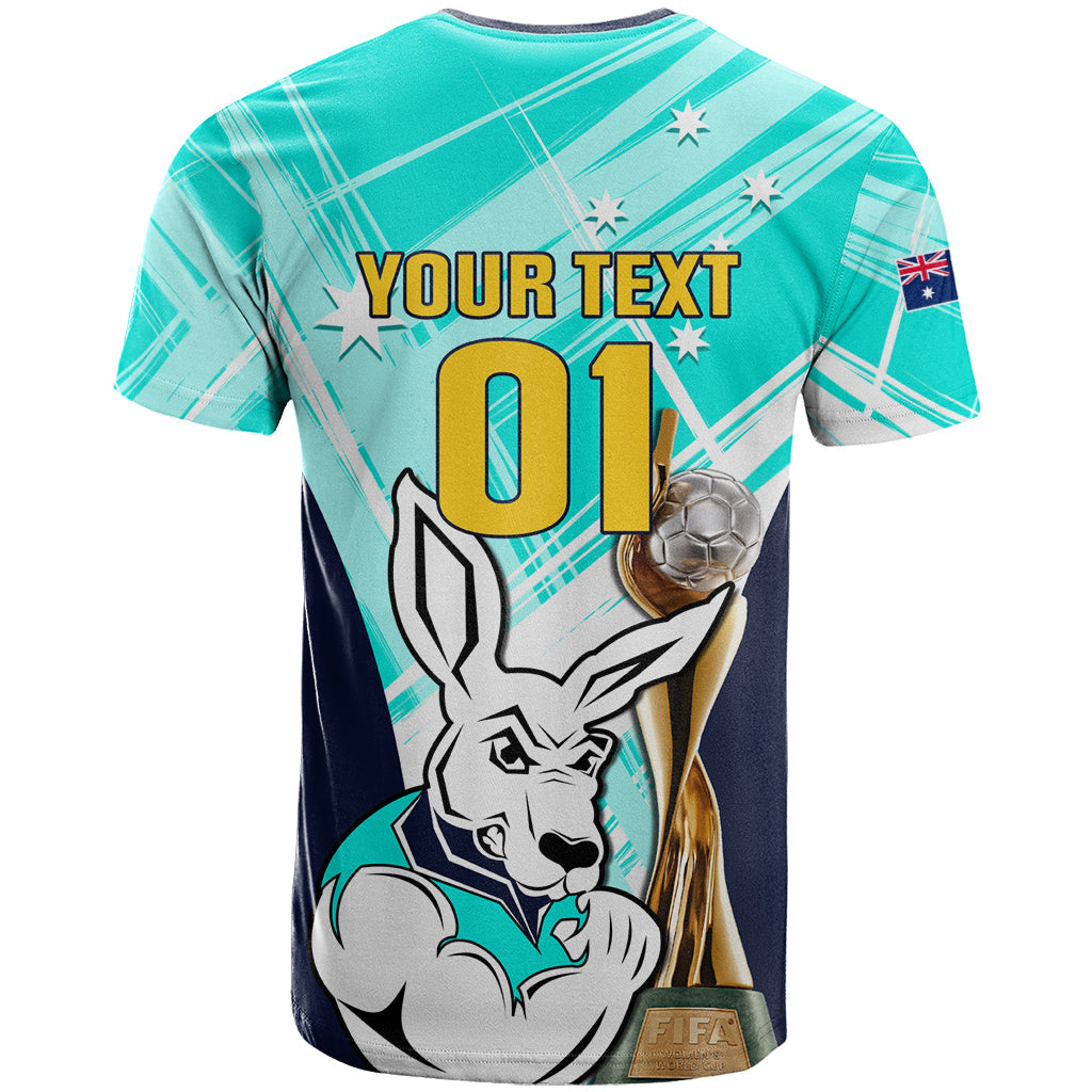 Custom Australia Soccer T Shirt Matildas Kangaroo With World Cup Trophy 2023 Turquoise Version - Vibe Hoodie Shop