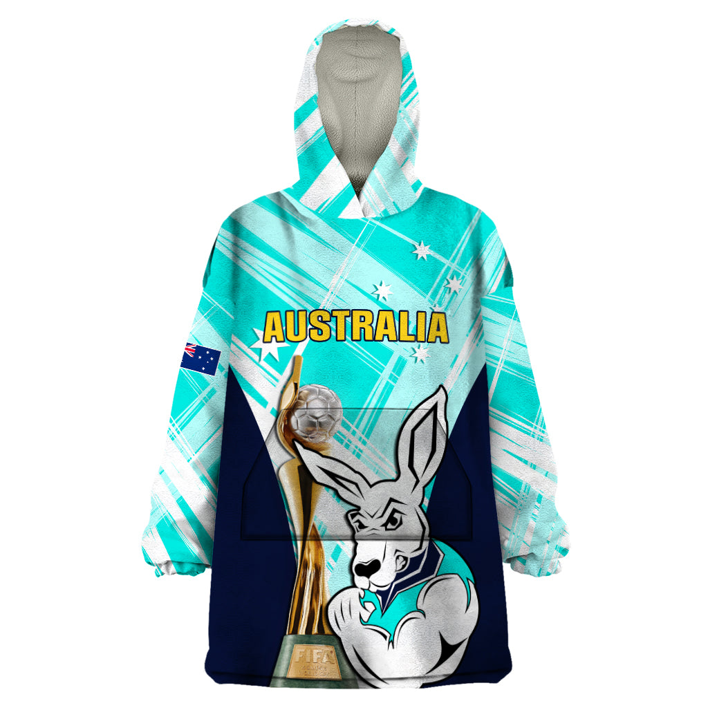 Custom Australia Soccer Wearable Blanket Hoodie Matildas Kangaroo With World Cup Trophy 2023 Turquoise Version - Vibe Hoodie Shop