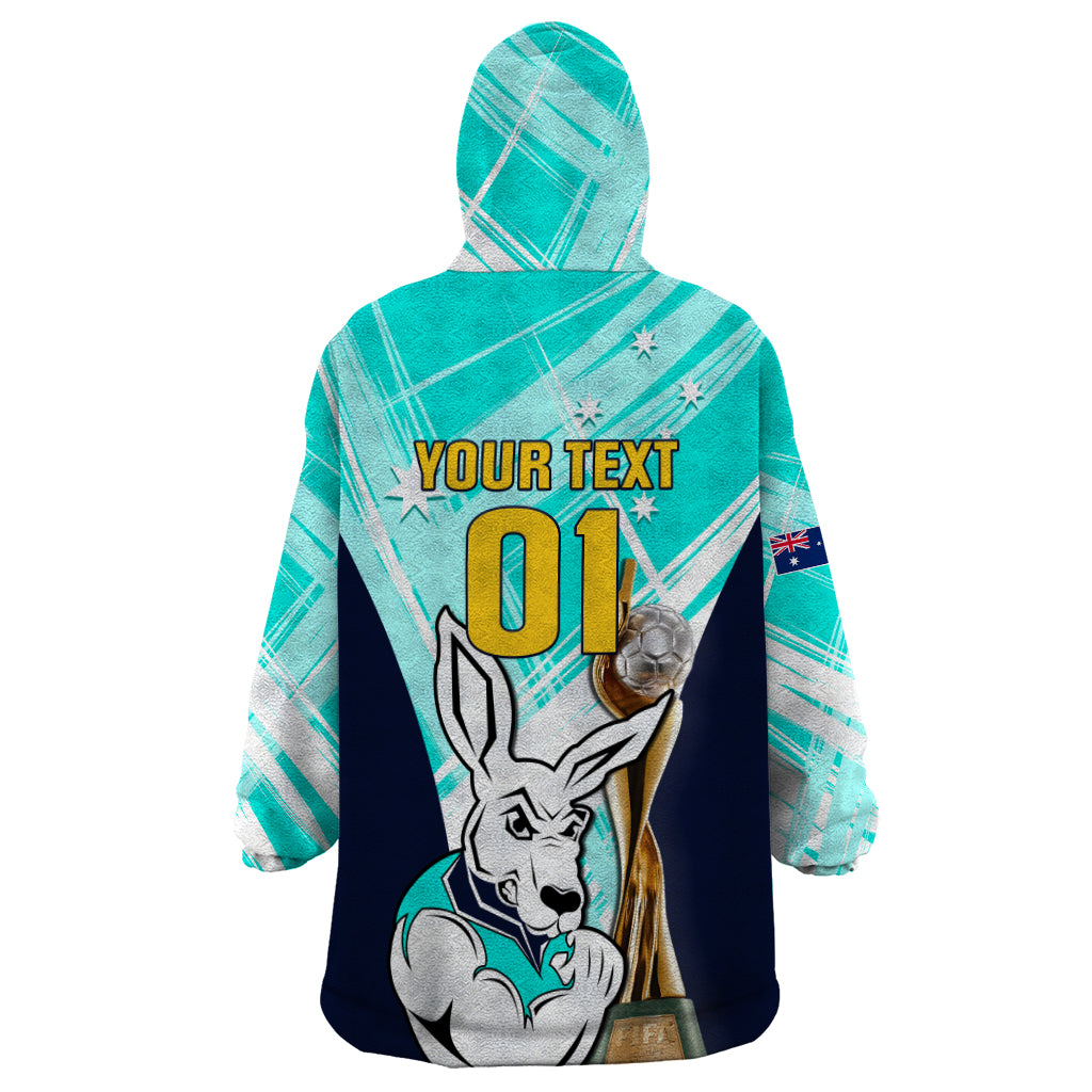 Custom Australia Soccer Wearable Blanket Hoodie Matildas Kangaroo With World Cup Trophy 2023 Turquoise Version - Vibe Hoodie Shop