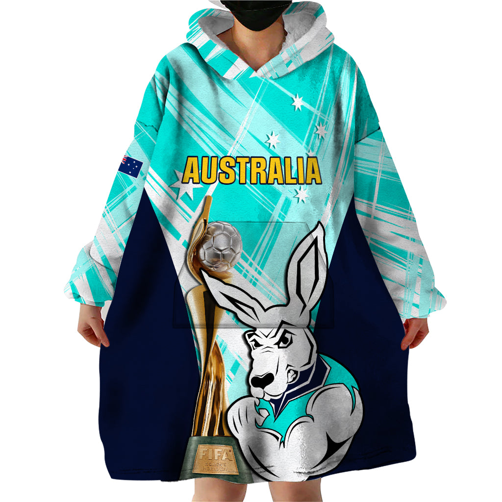 Custom Australia Soccer Wearable Blanket Hoodie Matildas Kangaroo With World Cup Trophy 2023 Turquoise Version - Vibe Hoodie Shop