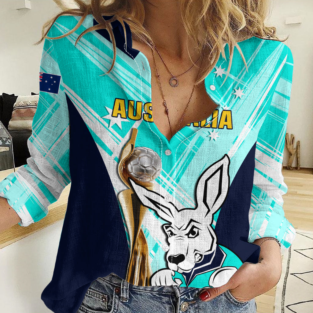 Custom Australia Soccer Women Casual Shirt Matildas Kangaroo With World Cup Trophy 2023 Turquoise Version - Vibe Hoodie Shop
