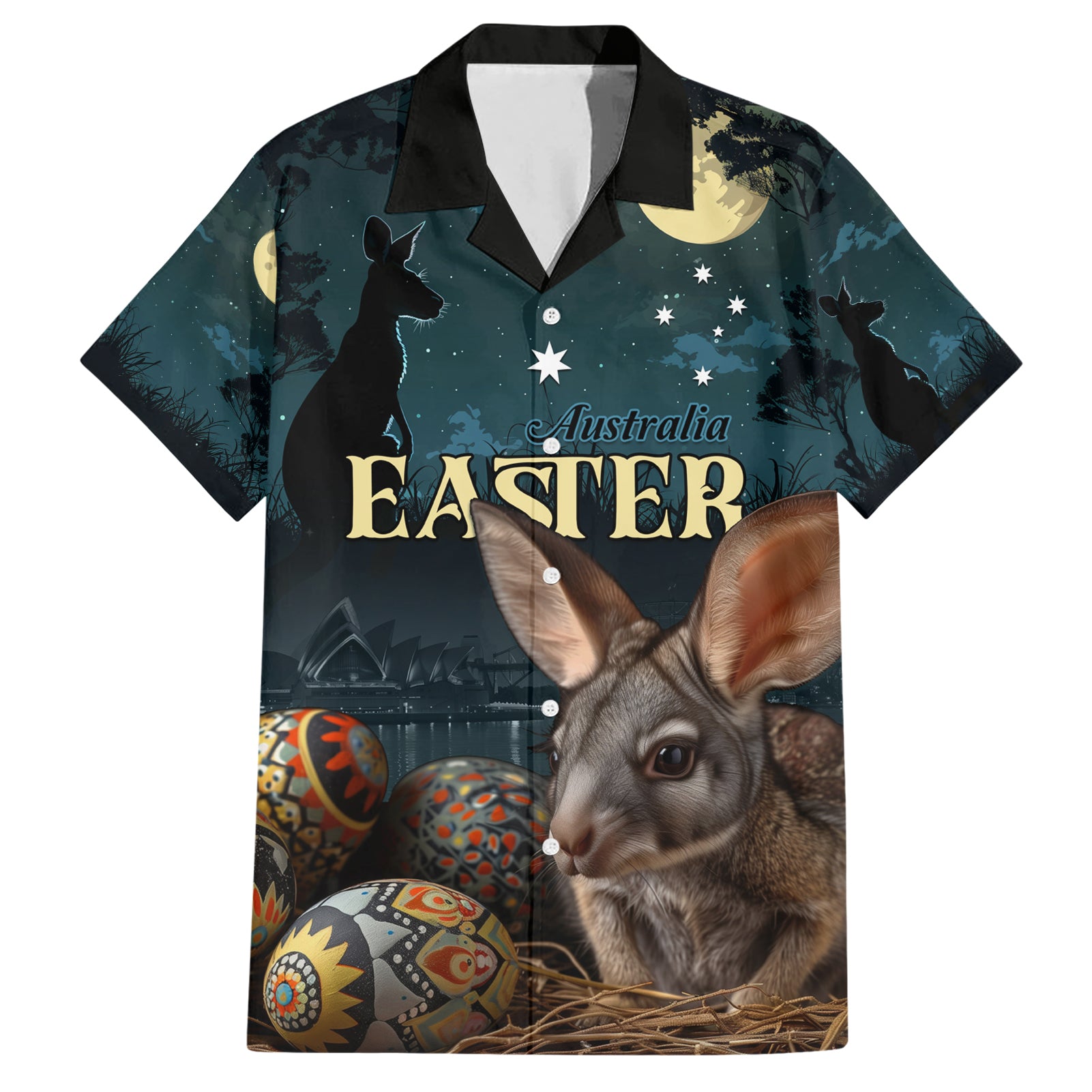 Australia Easter 2024 Hawaiian Shirt Bunny With Aboriginal Eggs At Starry Night - Vibe Hoodie Shop