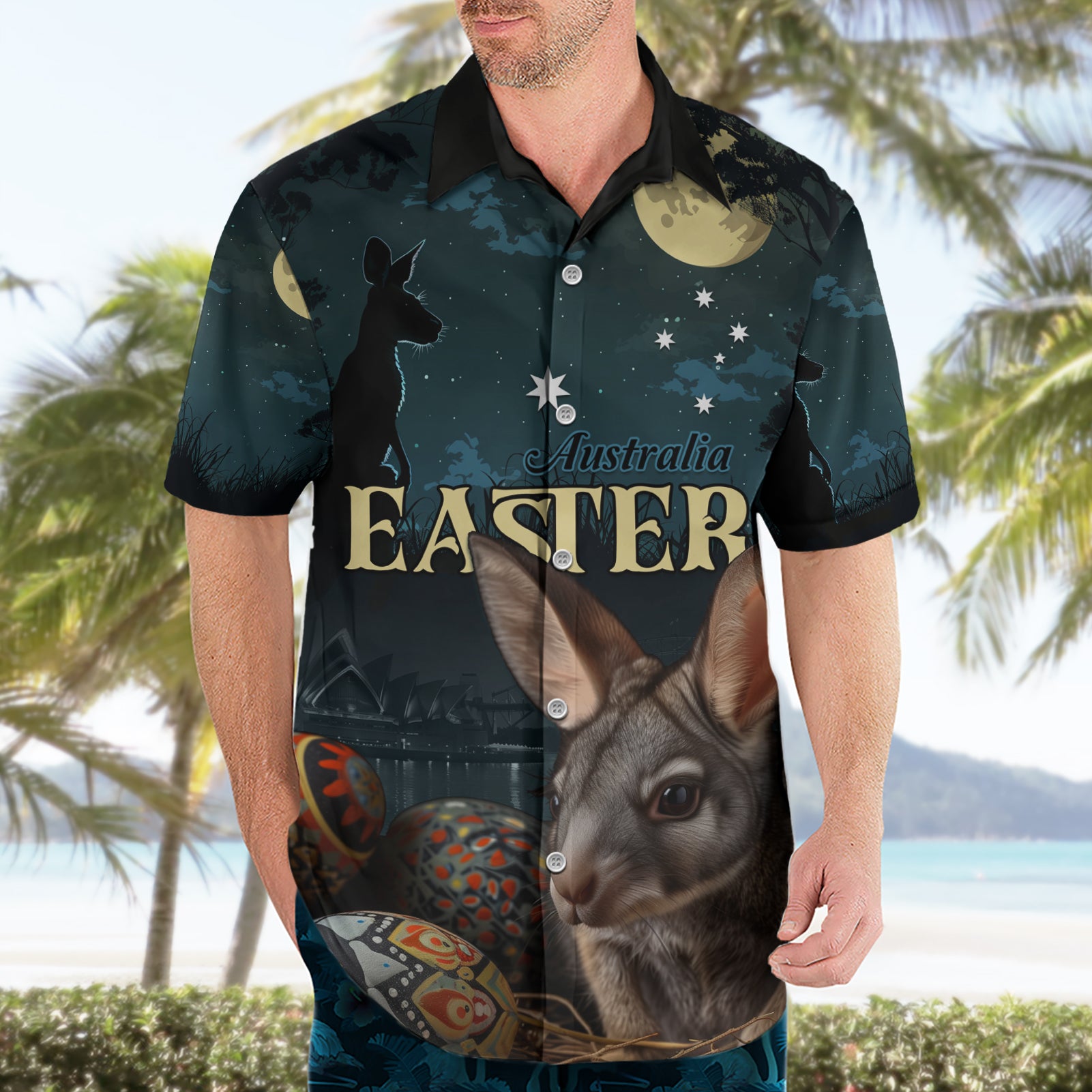 Australia Easter 2024 Hawaiian Shirt Bunny With Aboriginal Eggs At Starry Night - Vibe Hoodie Shop