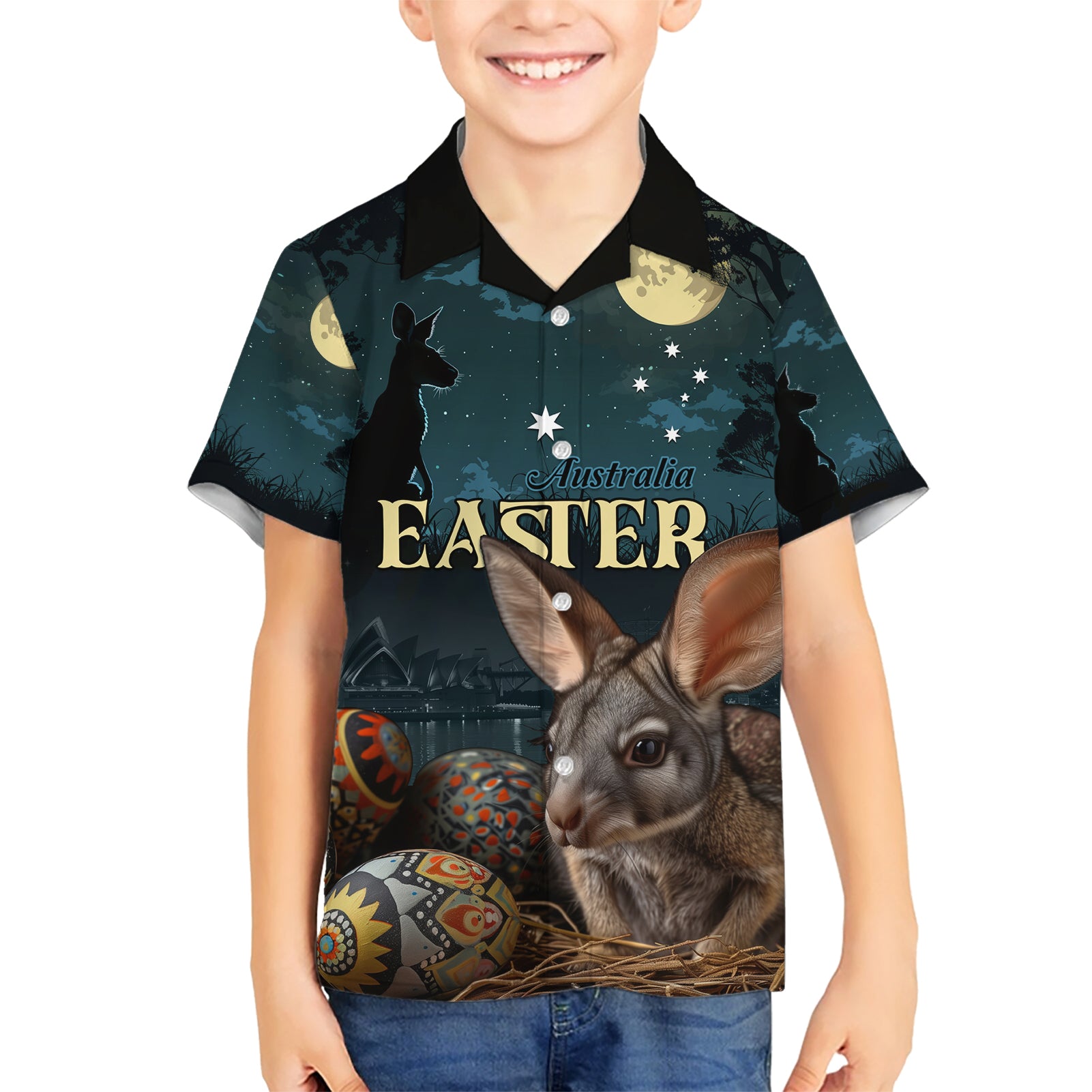 Australia Easter 2024 Hawaiian Shirt Bunny With Aboriginal Eggs At Starry Night - Vibe Hoodie Shop