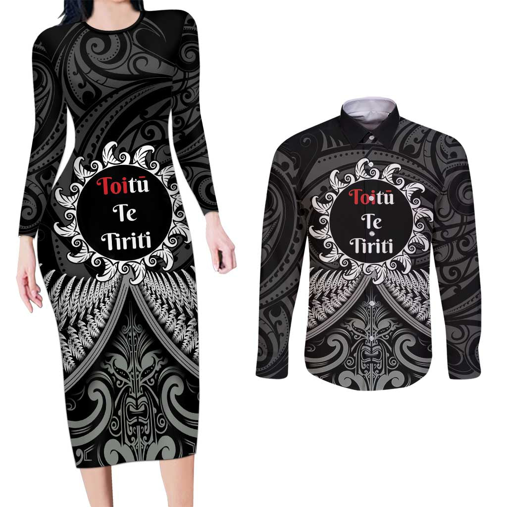 Personalised Toitu Te Tiriti Aotearoa Silver Fern Couples Matching Long Sleeve Bodycon Dress and Long Sleeve Button Shirt New Zealand Maori Pattern