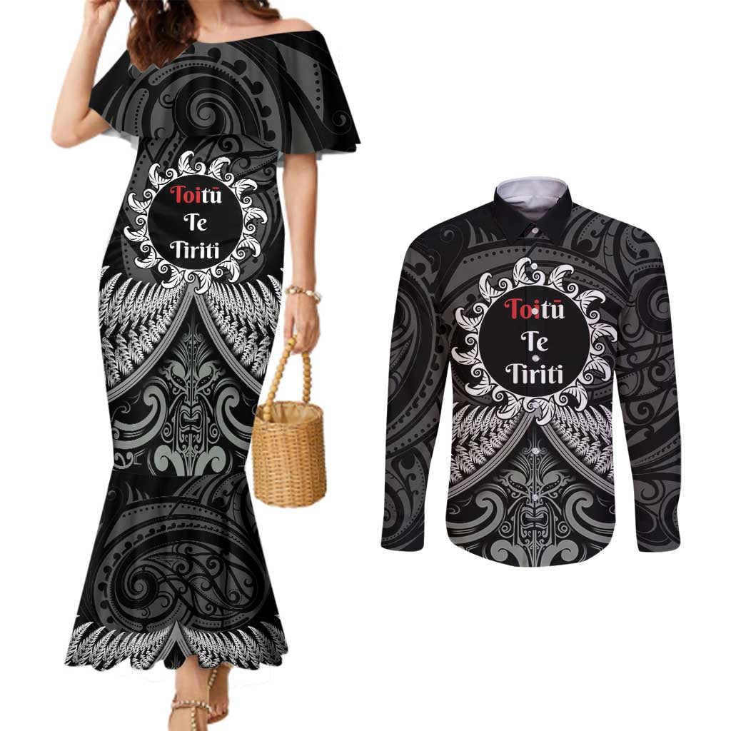 Personalised Toitu Te Tiriti Aotearoa Silver Fern Couples Matching Mermaid Dress and Long Sleeve Button Shirt New Zealand Maori Pattern