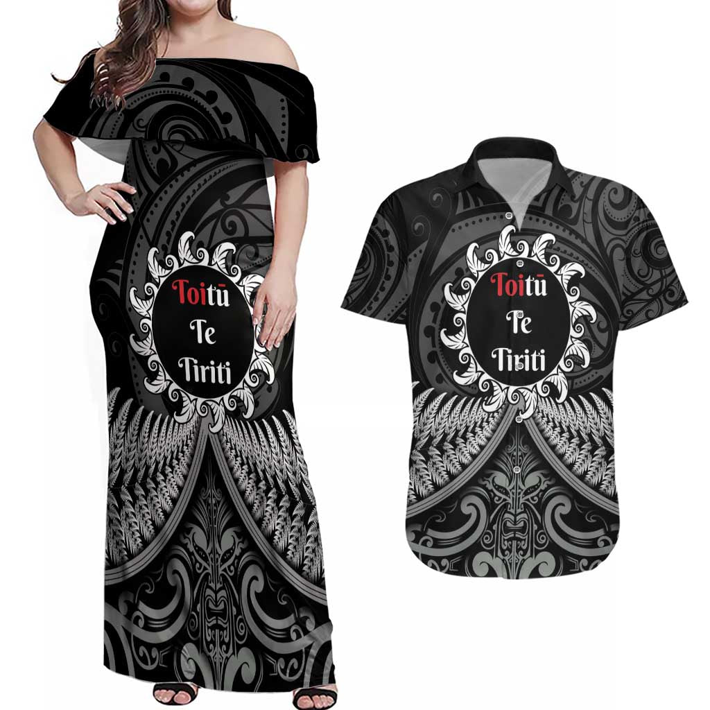 Personalised Toitu Te Tiriti Aotearoa Silver Fern Couples Matching Off Shoulder Maxi Dress and Hawaiian Shirt New Zealand Maori Pattern