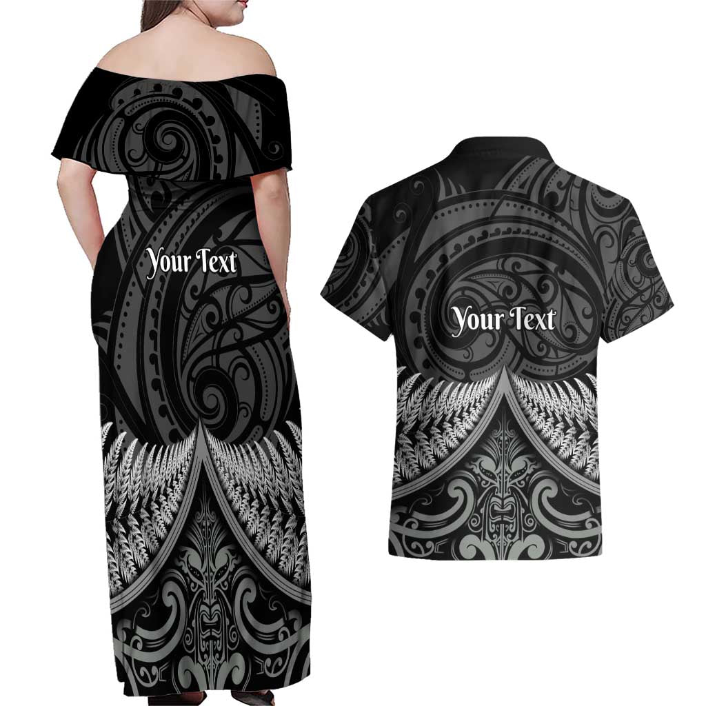 Personalised Toitu Te Tiriti Aotearoa Silver Fern Couples Matching Off Shoulder Maxi Dress and Hawaiian Shirt New Zealand Maori Pattern