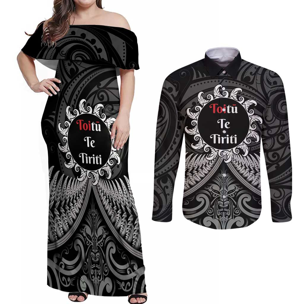 Personalised Toitu Te Tiriti Aotearoa Silver Fern Couples Matching Off Shoulder Maxi Dress and Long Sleeve Button Shirt New Zealand Maori Pattern