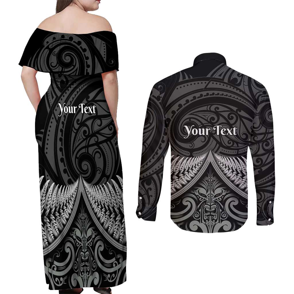 Personalised Toitu Te Tiriti Aotearoa Silver Fern Couples Matching Off Shoulder Maxi Dress and Long Sleeve Button Shirt New Zealand Maori Pattern