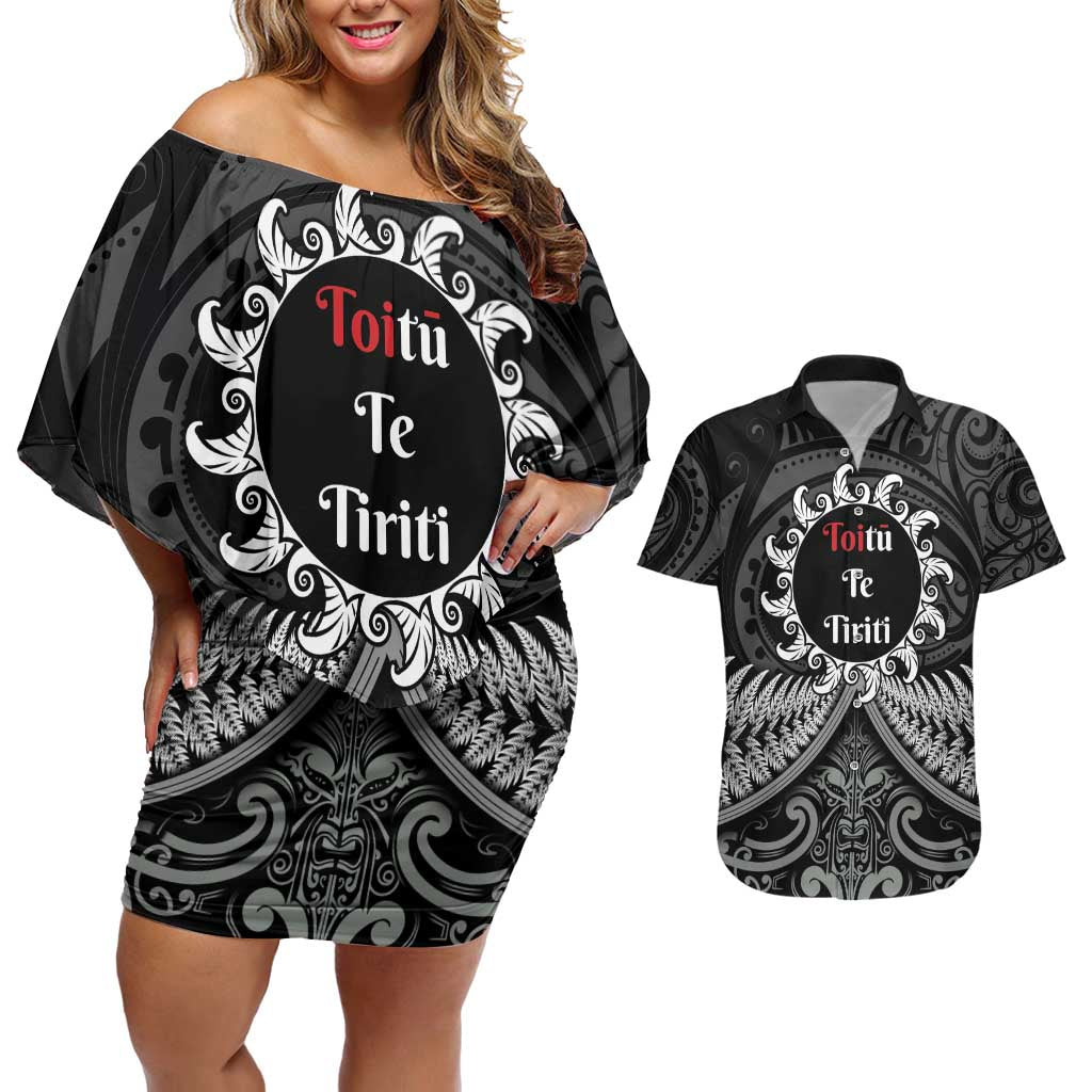 Personalised Toitu Te Tiriti Aotearoa Silver Fern Couples Matching Off Shoulder Short Dress and Hawaiian Shirt New Zealand Maori Pattern