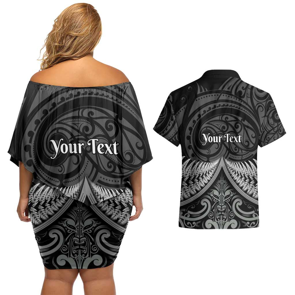 Personalised Toitu Te Tiriti Aotearoa Silver Fern Couples Matching Off Shoulder Short Dress and Hawaiian Shirt New Zealand Maori Pattern