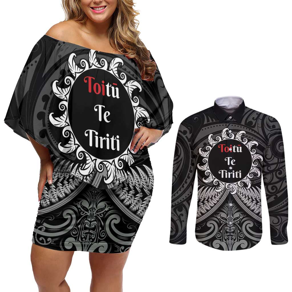 Personalised Toitu Te Tiriti Aotearoa Silver Fern Couples Matching Off Shoulder Short Dress and Long Sleeve Button Shirt New Zealand Maori Pattern