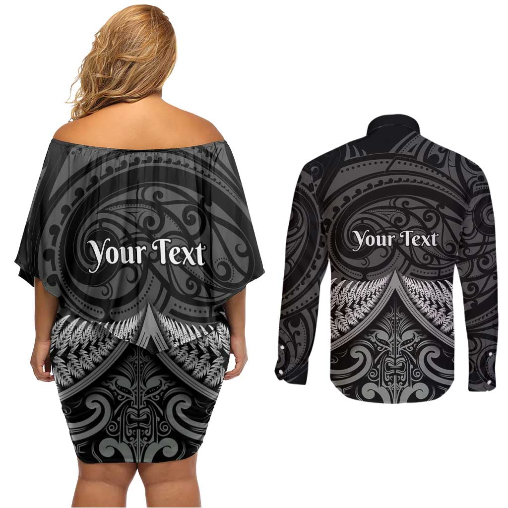 Personalised Toitu Te Tiriti Aotearoa Silver Fern Couples Matching Off Shoulder Short Dress and Long Sleeve Button Shirt New Zealand Maori Pattern