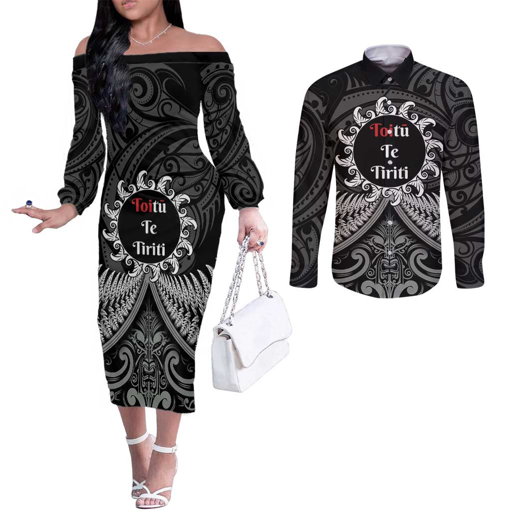 Personalised Toitu Te Tiriti Aotearoa Silver Fern Couples Matching Off The Shoulder Long Sleeve Dress and Long Sleeve Button Shirt New Zealand Maori Pattern