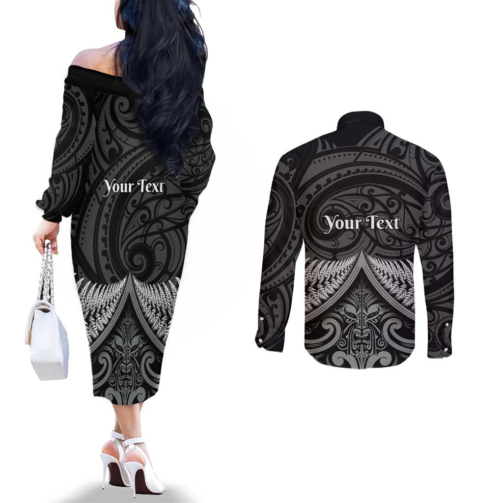 Personalised Toitu Te Tiriti Aotearoa Silver Fern Couples Matching Off The Shoulder Long Sleeve Dress and Long Sleeve Button Shirt New Zealand Maori Pattern