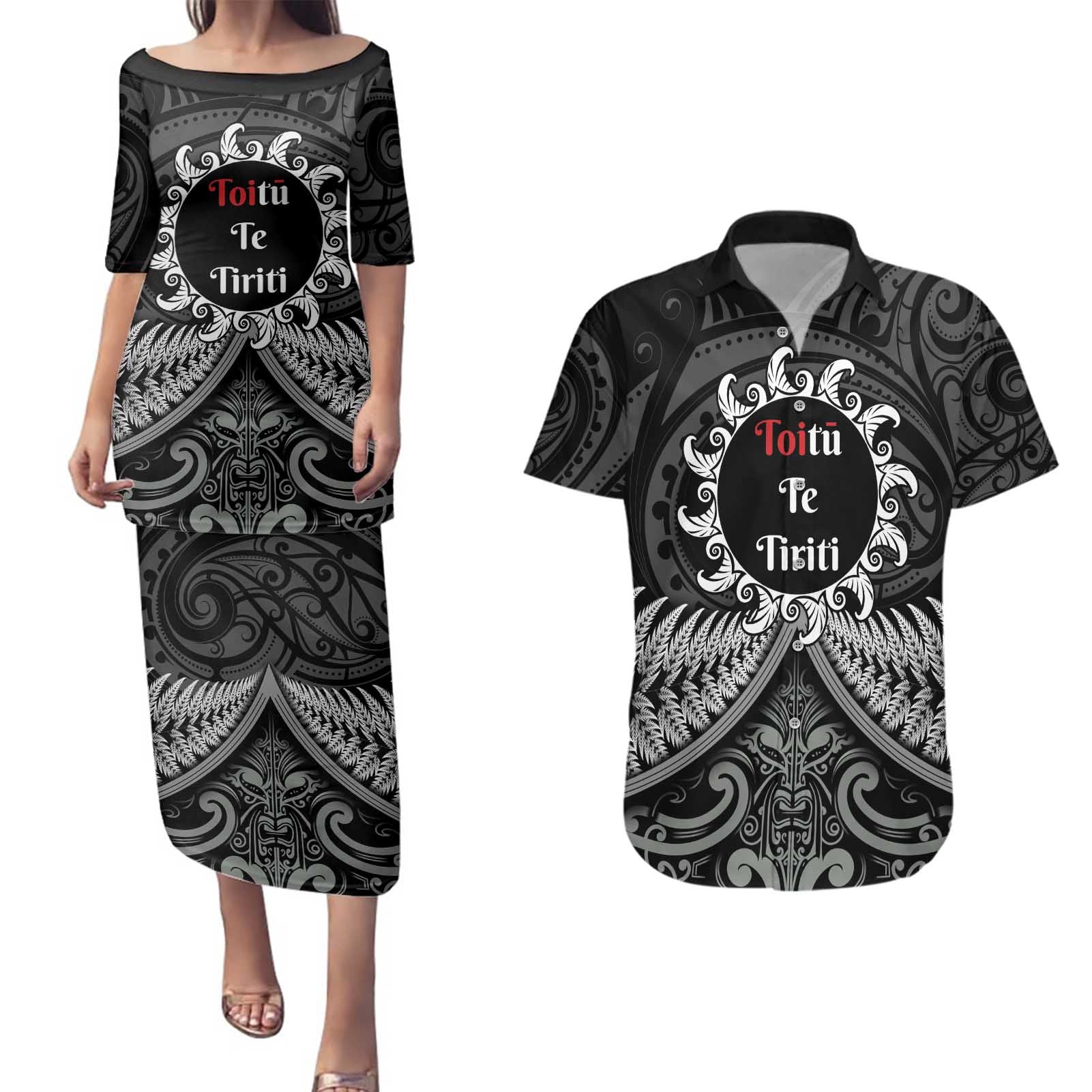 Personalised Toitu Te Tiriti Aotearoa Silver Fern Couples Matching Puletasi and Hawaiian Shirt New Zealand Maori Pattern