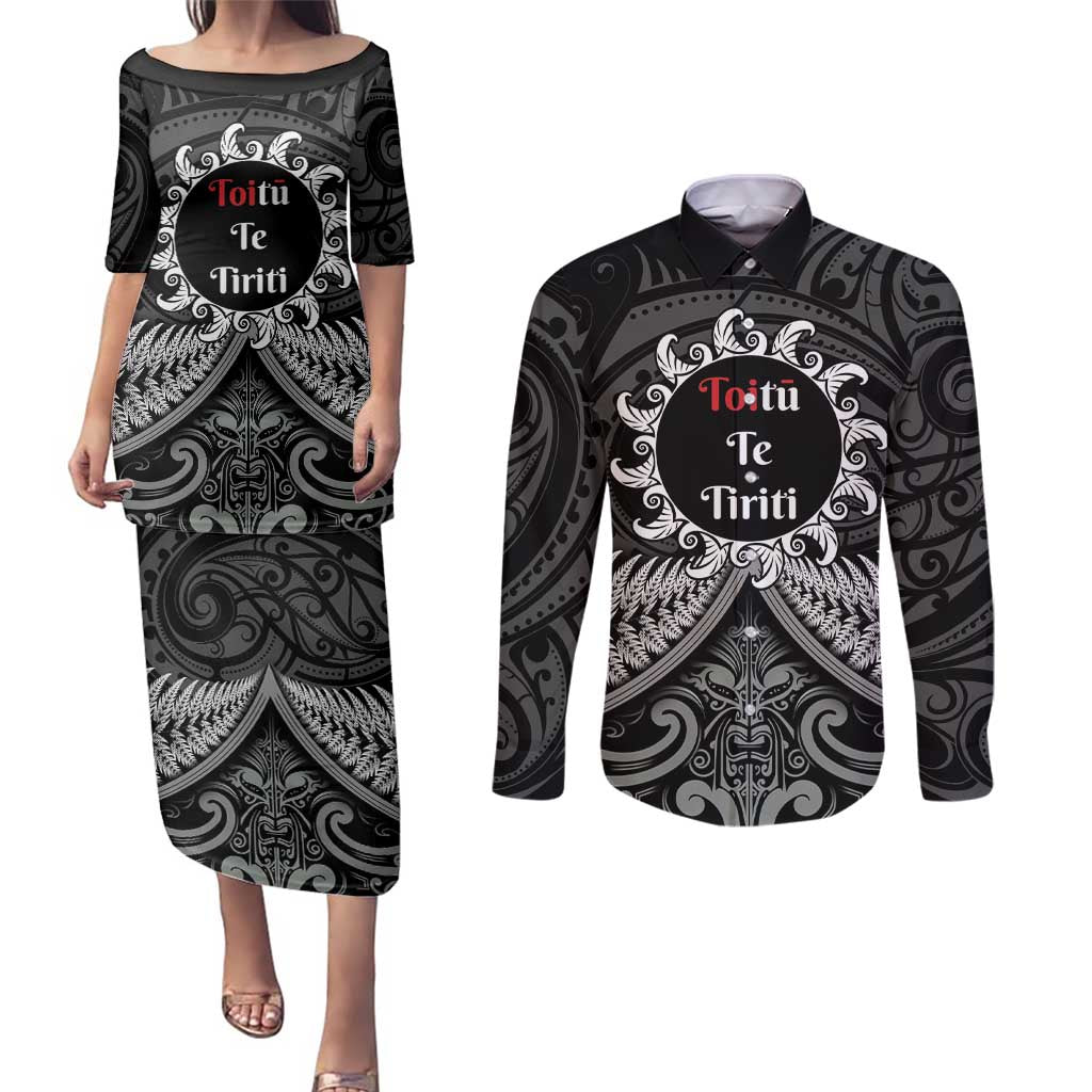 Personalised Toitu Te Tiriti Aotearoa Silver Fern Couples Matching Puletasi and Long Sleeve Button Shirt New Zealand Maori Pattern