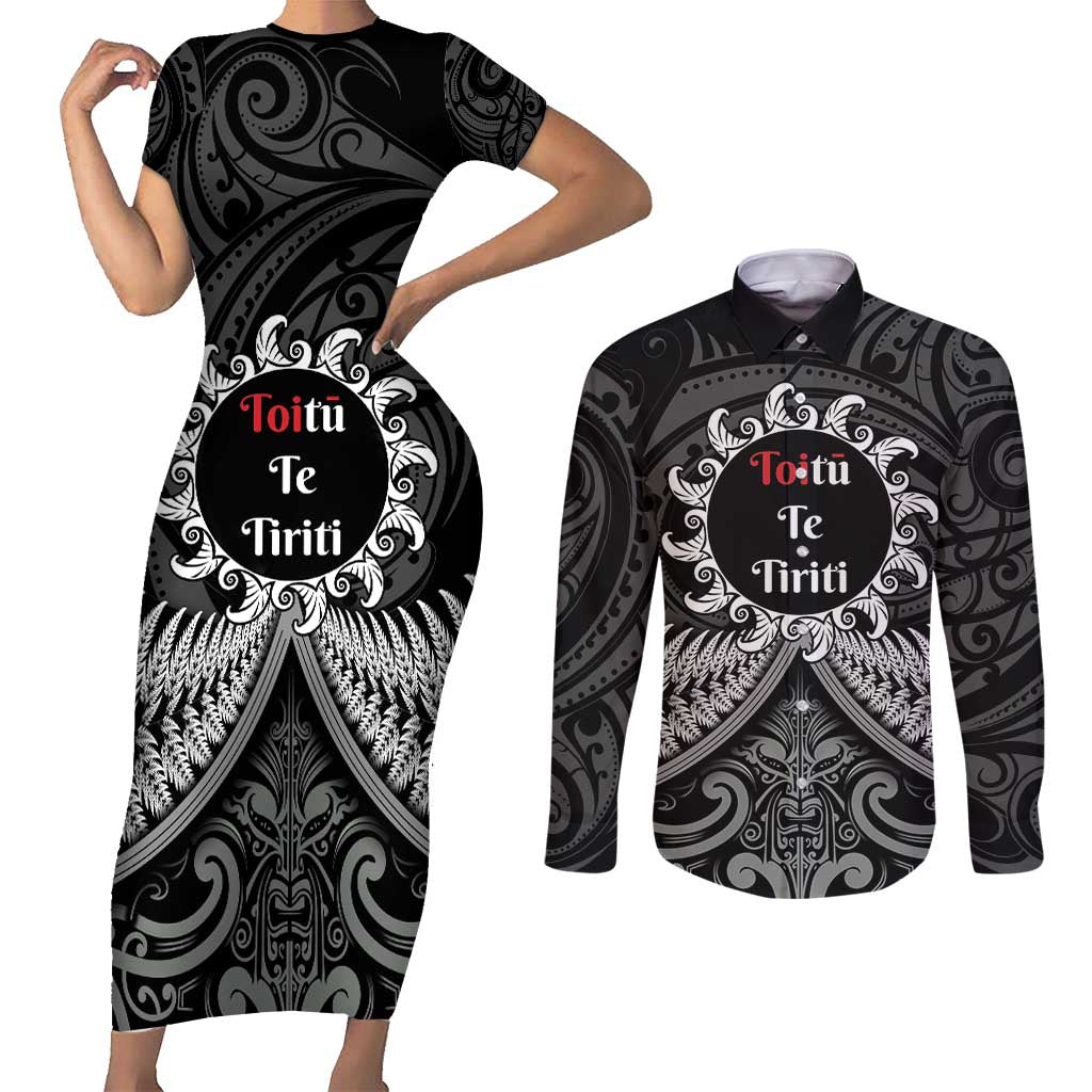 Personalised Toitu Te Tiriti Aotearoa Silver Fern Couples Matching Short Sleeve Bodycon Dress and Long Sleeve Button Shirt New Zealand Maori Pattern