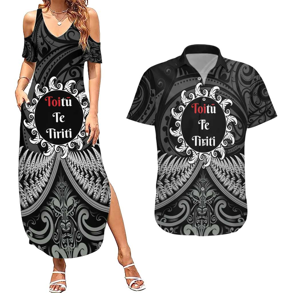 Personalised Toitu Te Tiriti Aotearoa Silver Fern Couples Matching Summer Maxi Dress and Hawaiian Shirt New Zealand Maori Pattern