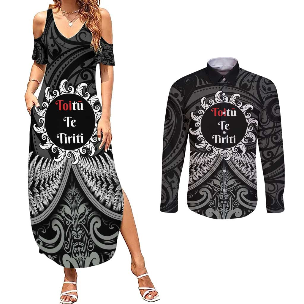 Personalised Toitu Te Tiriti Aotearoa Silver Fern Couples Matching Summer Maxi Dress and Long Sleeve Button Shirt New Zealand Maori Pattern