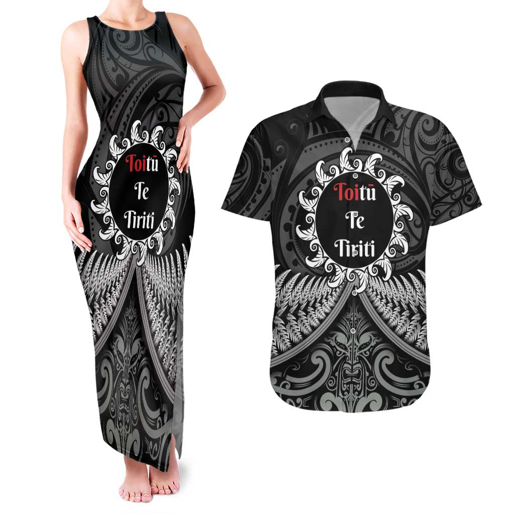 Personalised Toitu Te Tiriti Aotearoa Silver Fern Couples Matching Tank Maxi Dress and Hawaiian Shirt New Zealand Maori Pattern