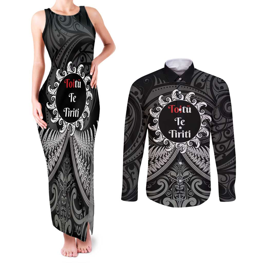 Personalised Toitu Te Tiriti Aotearoa Silver Fern Couples Matching Tank Maxi Dress and Long Sleeve Button Shirt New Zealand Maori Pattern