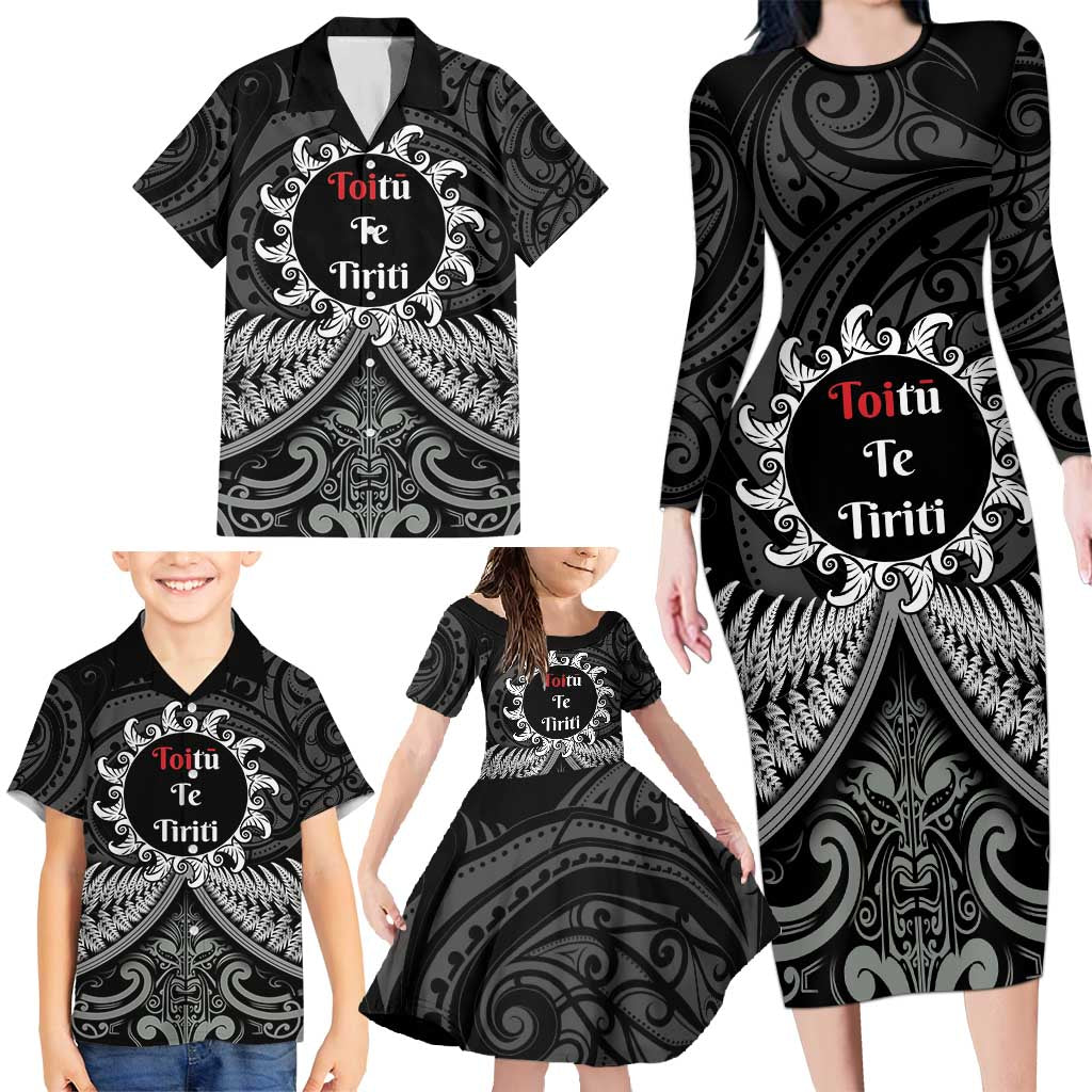 Personalised Toitu Te Tiriti Aotearoa Silver Fern Family Matching Long Sleeve Bodycon Dress and Hawaiian Shirt New Zealand Maori Pattern