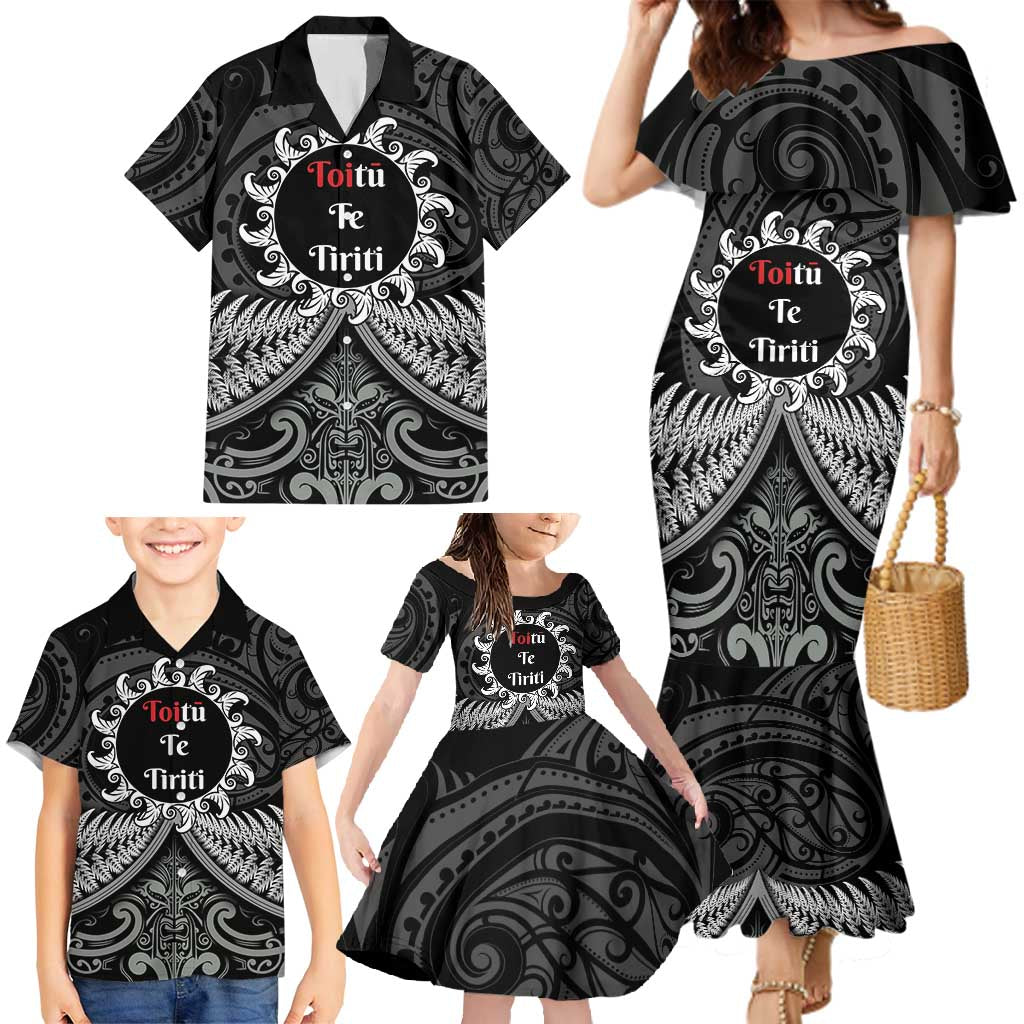 Personalised Toitu Te Tiriti Aotearoa Silver Fern Family Matching Mermaid Dress and Hawaiian Shirt New Zealand Maori Pattern