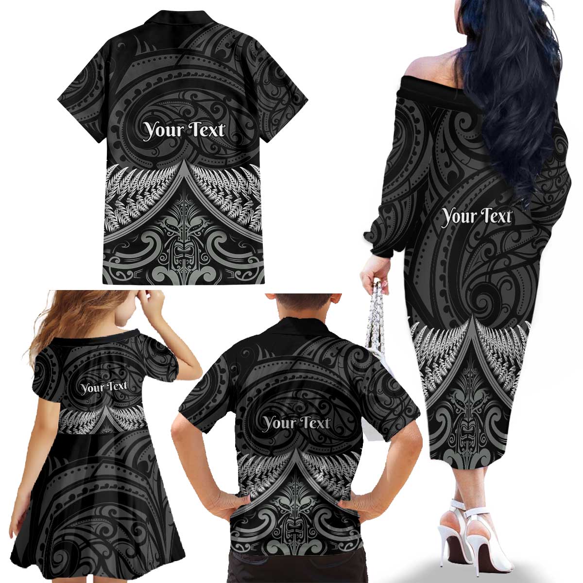 Personalised Toitu Te Tiriti Aotearoa Silver Fern Family Matching Off The Shoulder Long Sleeve Dress and Hawaiian Shirt New Zealand Maori Pattern