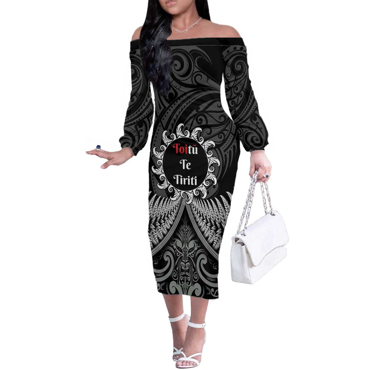 Personalised Toitu Te Tiriti Aotearoa Silver Fern Family Matching Off The Shoulder Long Sleeve Dress and Hawaiian Shirt New Zealand Maori Pattern