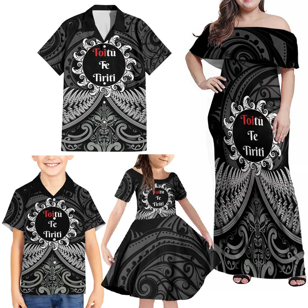 Personalised Toitu Te Tiriti Aotearoa Silver Fern Family Matching Off Shoulder Maxi Dress and Hawaiian Shirt New Zealand Maori Pattern