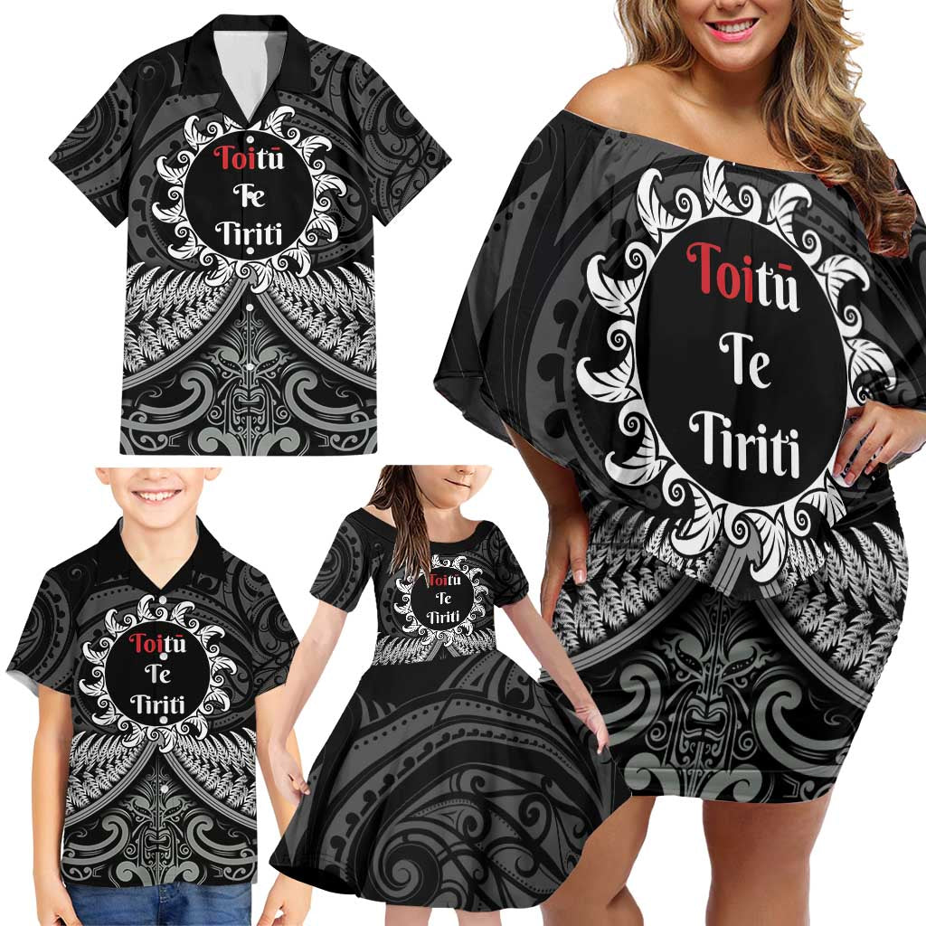 Personalised Toitu Te Tiriti Aotearoa Silver Fern Family Matching Off Shoulder Short Dress and Hawaiian Shirt New Zealand Maori Pattern