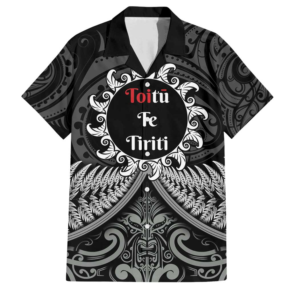 Personalised Toitu Te Tiriti Aotearoa Silver Fern Family Matching Off Shoulder Short Dress and Hawaiian Shirt New Zealand Maori Pattern