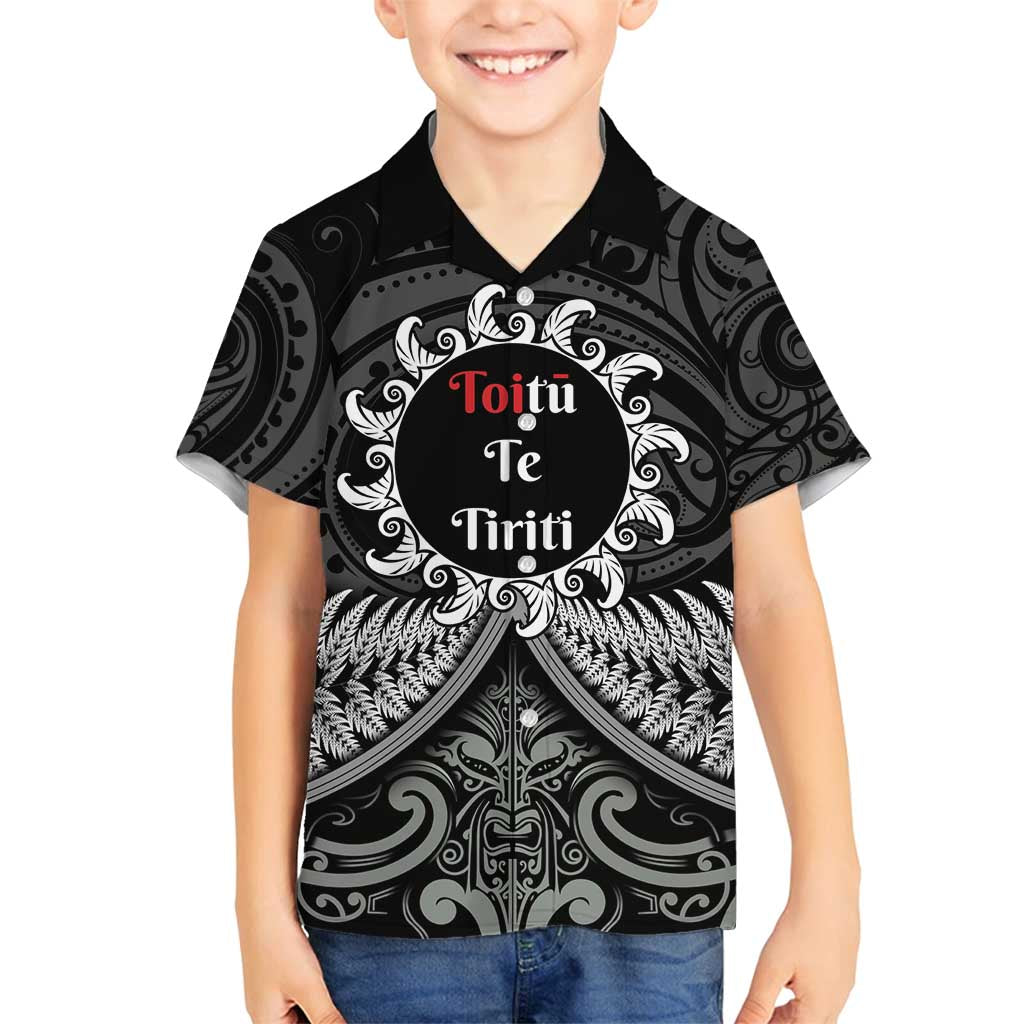 Personalised Toitu Te Tiriti Aotearoa Silver Fern Family Matching Off Shoulder Short Dress and Hawaiian Shirt New Zealand Maori Pattern