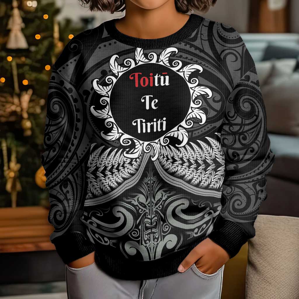 Toitu Te Tiriti Aotearoa Silver Fern Kid Ugly Christmas Sweater Maori Pattern