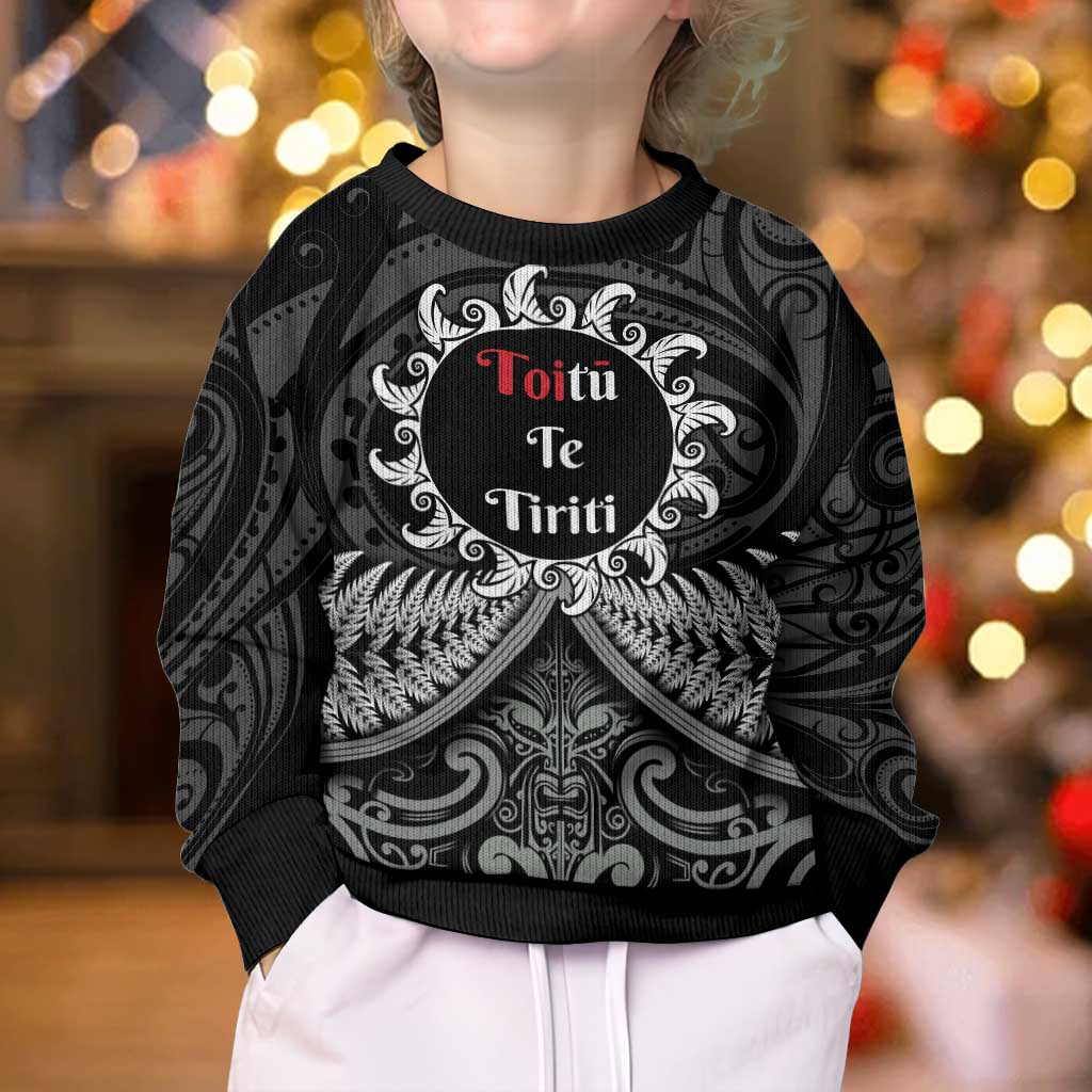 Toitu Te Tiriti Aotearoa Silver Fern Kid Ugly Christmas Sweater Maori Pattern