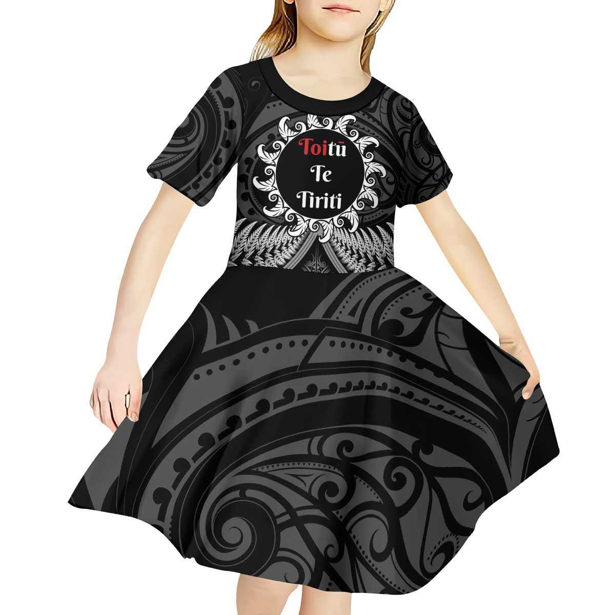 Personalised Toitu Te Tiriti Aotearoa Silver Fern Kid Short Sleeve Dress New Zealand Maori Pattern - Vibe Hoodie Shop