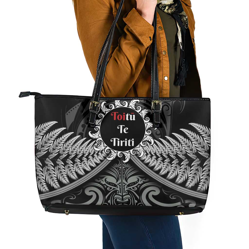 Toitu Te Tiriti Aotearoa Silver Fern Leather Tote Bag New Zealand Maori Pattern